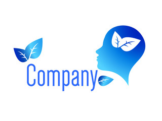 Modern man Logo Sign of Psychology. Human head and leaves Creative style. Icon in vector. Design concept. Brand company. Blue color isolated on white background. Symbol for web, print, logotype.