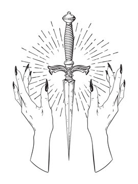Naklejki Ritual dagger in female hands with rays of light isolated on white background hand drawn vector illustration. Black work, flash tattoo or print design