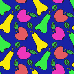 Apple and pear with leaf, hand drawn doodle, sketch in naïve, pop art style, seamless pattern design on dark blue background