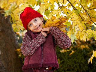 girl in autumn forest posing, yellow leaves and trees on background