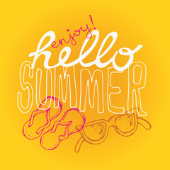 Obraz premium Hand drawn doodle vector summer banner. Summer template banner. Hello, summer! Vector illustration.