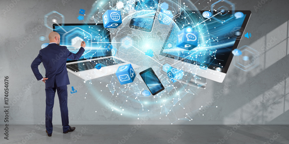 Poster Tech devices connected to each other by businessman 3D rendering