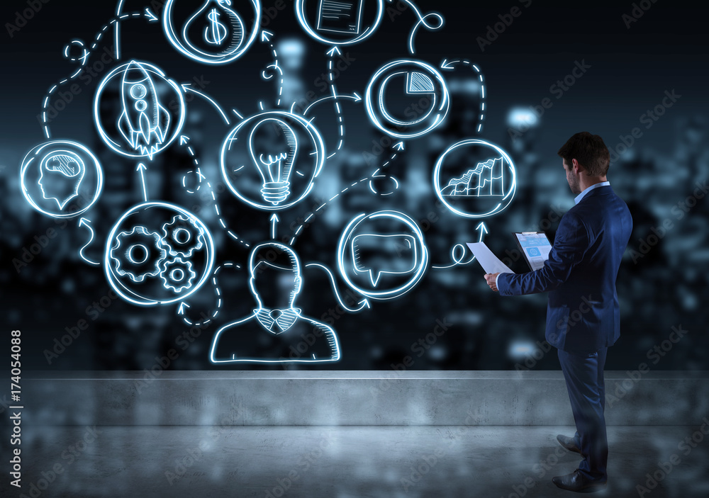 Poster businessman watching a project sketch on a rooftop 3d rendering