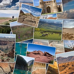 Collage of photos of landscapes of Kazakhstan. Mountains, rivers, forest, steppe and desert. Set of photos of Kazakhstan