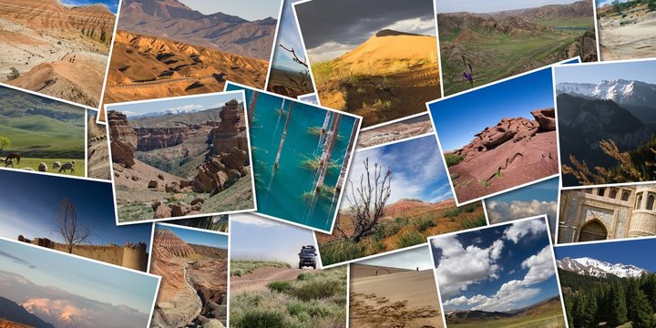 Panoramic collage of photos of nature Kazakhstan. Landscape of mountains and steppes, the valley of seven rivers, Kazakhstan