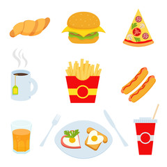 Colorful Fast food vector isolated on white background.