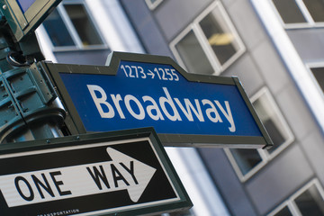Broadway street sign in New York City, Manhattan. Famous avenue and one way street through Times Square NYC