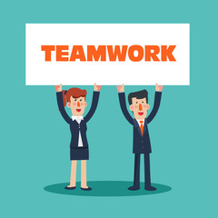 Successful, smiling, young, happy business man and business woman with a white placard. Communication, assistance, partnership, cooperation, collaboration and teamwork in business vector concept