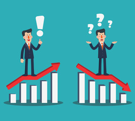 Successful smiling business man presenting and showing a growing chart. Sad businessman with arrow graph down