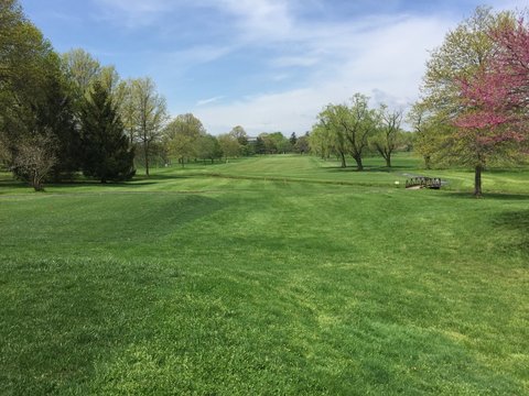 Beautiful view looking down the fairway of a public golf course on a clear warm summer day. Perfect leisure activity sport to play early in the morning