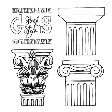 Set illustration with pillar and lettering. Ancient Columns. Vector