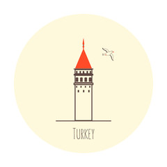 Turkey landmark Galata tower of Istanbul city cartoon vector illustration isolated on light background, travel icons, decorative colorful sign building, line art style for design advertising, printing