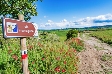 Via Francigena pilgrim path, Tuscany, Italy: road sign at beautiful Tuscany landscape background, spring scenery. Via Francigena is famous pilgrim path and popular travel hiking trail.