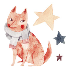 Watercolor illustration with dog and christmas stars. 2018 new year illustration.Hand drawn dog portrait.
