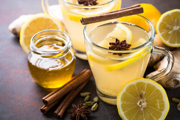 Ginger tea with lemon, honey and spices.