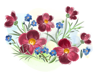 Watercolor flowers violets and pansy and leaves on meadow