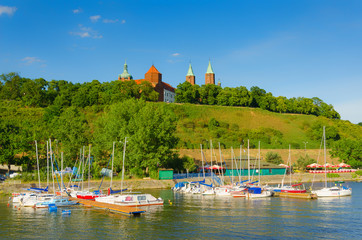 15 of June, 2015, Editorial photo of old town Plock from Vistula pier with river and boats, Plock,...