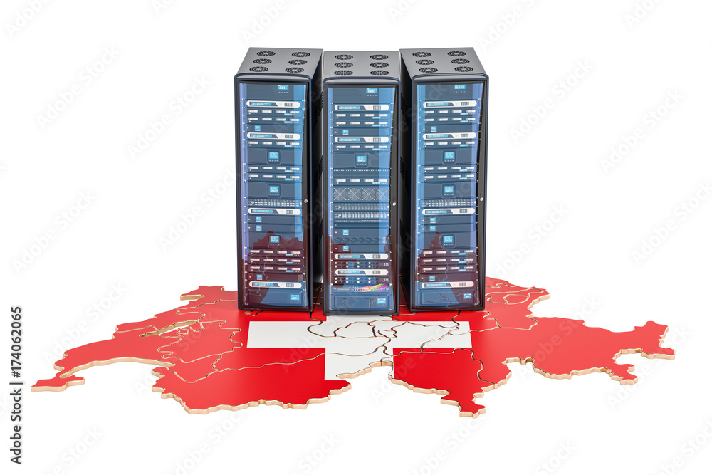 Poster data center server racks in switzerland concept, 3d rendering