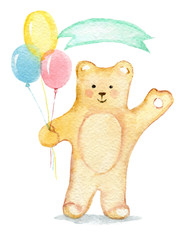 Bear with balloons and ribbon, isolated on white background, watercolor illustration