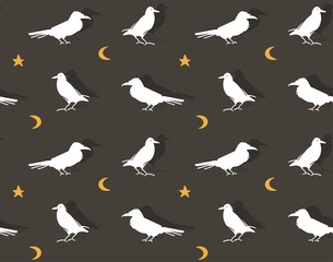 Hand drawn vector abstract cartoon Happy Halloween illustration seamless pattern with ravens and crowns isolated on black background