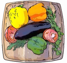 Sweet pepper, tomato, eggplant, parsley and fennel on a wooden tray..