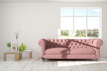 Idea of white room with sofa and summer landscape in window. Scandinavian interior design. 3D illustration