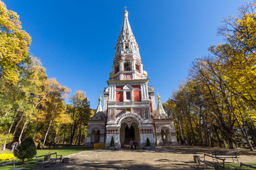 Fototapeta premium Autumn view of Russian church (Monastery Nativity) in town of Shipka, Stara Zagora Region, Bulgaria