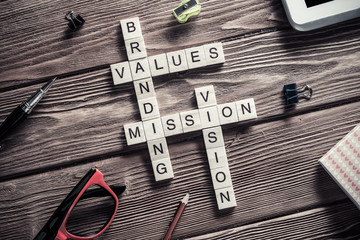 Conceptual business keywords on table with elements of game maki