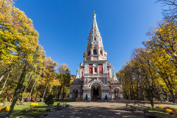 Autumn view of Russian church (Monastery Nativity) in town of Shipka, Stara Zagora Region, Bulgaria