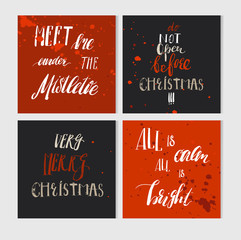 Hand made vector abstract Merry Christmas greeting cards set with elegant handwritten modern Merry Christmas calligraphy phases and quotes isolated on white and red background.Happy New Year concept