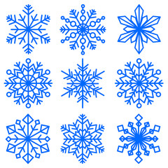 set of snowflakes of different shapes. Collection of decorative snowflakes images. Vector illustration.