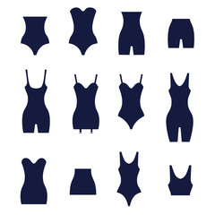 Different types of women's waist corrective underwear as glyph icons