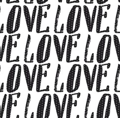 Hand made vector abstract calligraphy seamless pattern with handwritten love word isolated on white background.Design for valentines day.Save the date concept.Polka dot texture