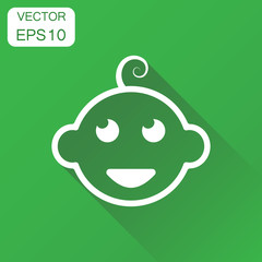 Newborn baby face icon. Business concept little baby pictogram. Vector illustration on green background with long shadow.