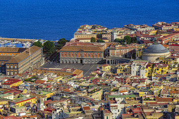 Italy. Cityscape of Naples (UNESCO World Heritage Site) seen from Castle Sant'Elmo. There is Piazza del Plebiscito with Palazzo Reale, Palazzo Salerno and the Church of San Francesco di Paola