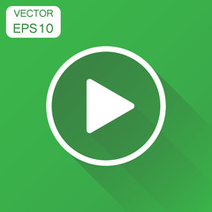 Play icon. Business concept play video pictogram. Vector illustration on green background with long shadow.