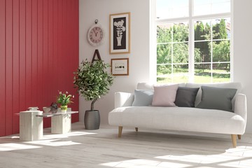 Idea of white room with sofa and summer landscape in window. Scandinavian interior design. 3D illustration