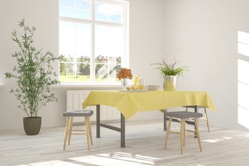 Idea of white minimalist dinner room. Scandinavian interior design. 3D illustration