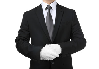 Man in white gloves on white background - obrazy, fototapety, plakaty