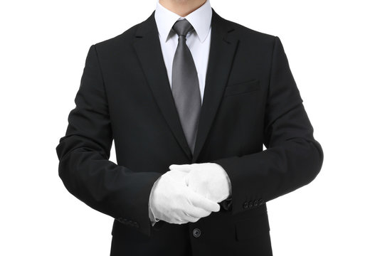 Man in white gloves on white background