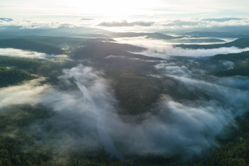 Sunset in the Ural mountains in Karatash ridge. Flying by drone