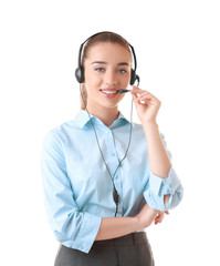 Young woman with headset on white background