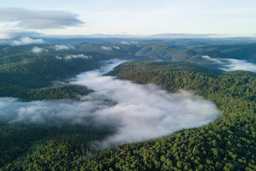 Sunset in the Ural mountains in Karatash ridge. Flying by drone
