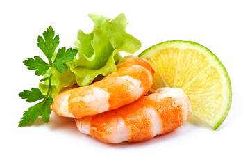 Tiger shrimps with lemon slice . Prawns with lemon slice isolated on a white background. Seafood