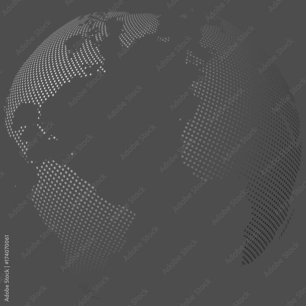 Sticker abstract globe with dotted map. black and white halftone effect vector illustration.