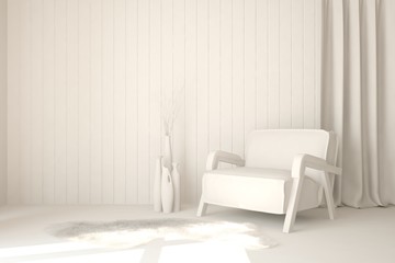 White minimalist room with armchair. Scandinavian interior design. 3D illustration