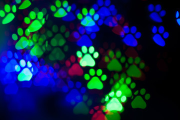 Luces de colores con forma de huella de perro. Luz de focos desenfocados con forma de pata de perra