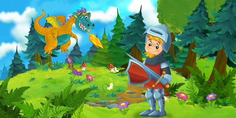 Obraz na płótnie Canvas cartoon background of a dragon in the forest - illustration for children