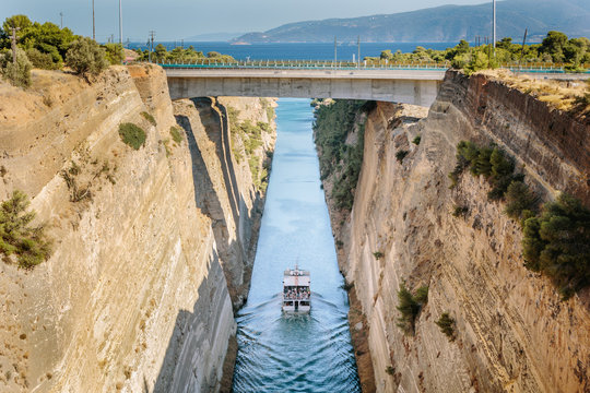 Boat Passes Through the Corinth Canal in Greece
