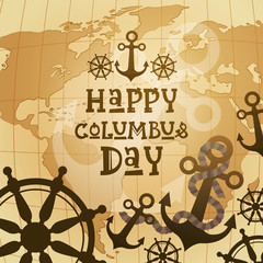 Happy Columbus Day National Usa Holiday Greeting Card With Steering Wheel And Anchor Over World Map Flat Vector Illustration